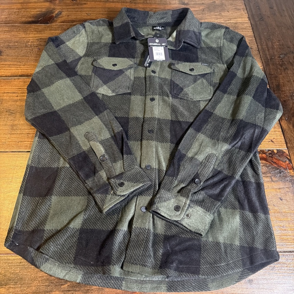O'Neill Arctic Check SuperFleece Men's Large Green Black Plaid Shacket NWT